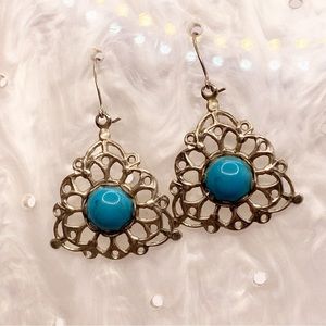 Vintage faux turquoise cabochon open work silver tone triangular earrings